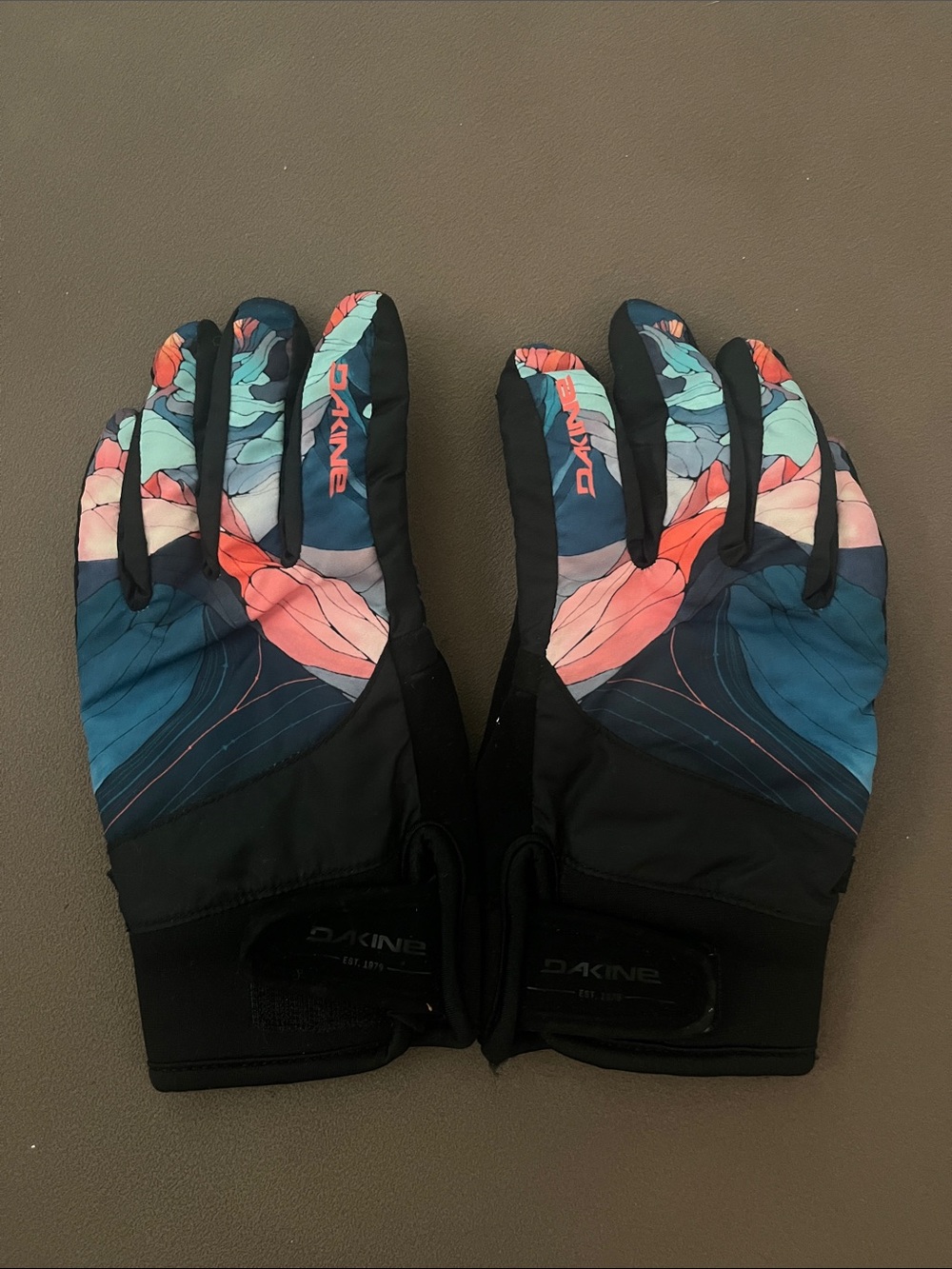 Dakine Black Gloves with Teal, Coral & Pink Wave Print
